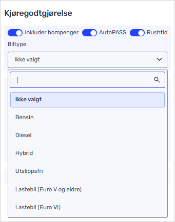 Ved aktivering av bompenger, velg biltype