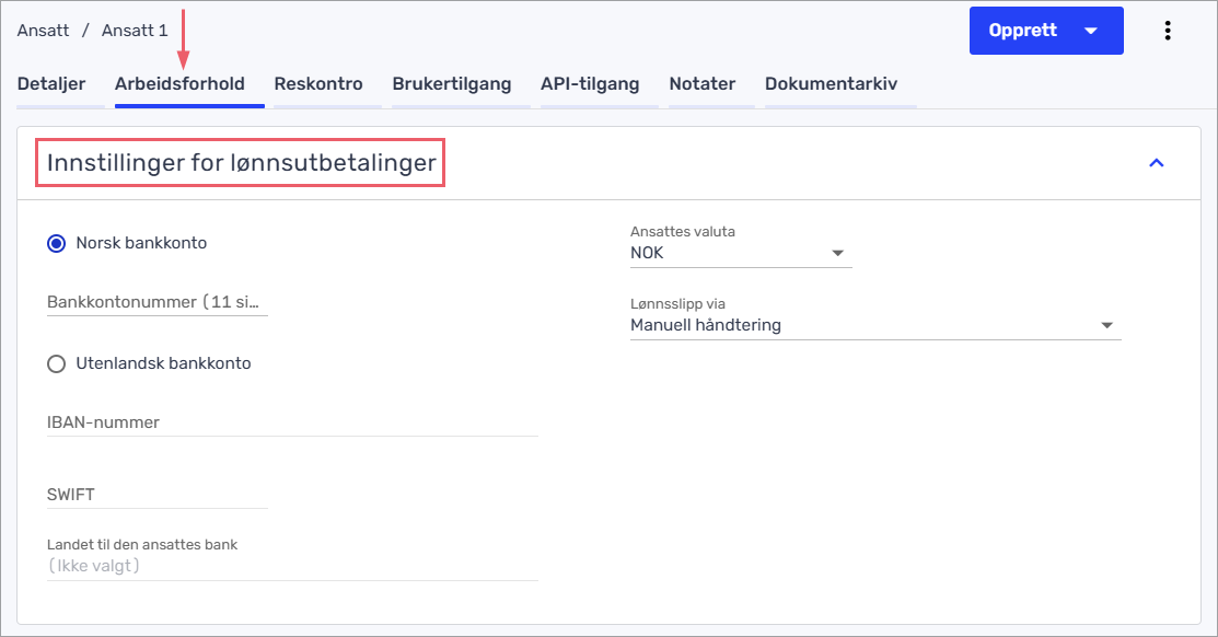 Innstillinger for lønnsutbetalinger under Arbeidsforhold på den ansatte.