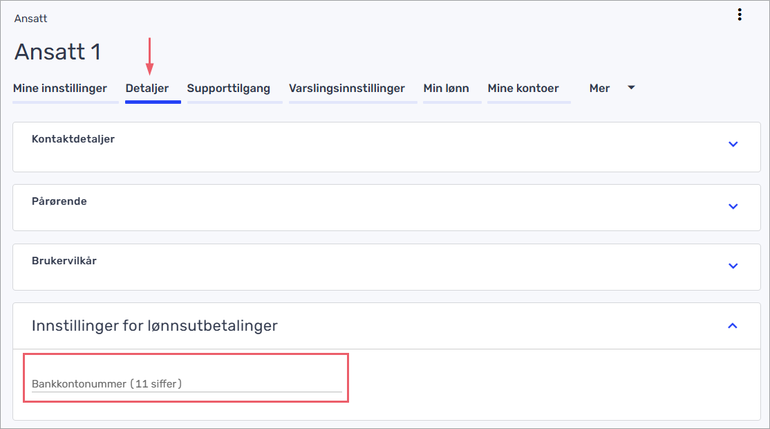 Bankkontonummer feltet under Min profil > Detaljer.