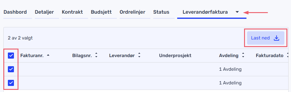 Leverandørfakturaoversikt på et prosjekt