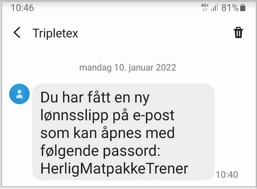 SMS fra Tripletex med passord til lønnsslippen.