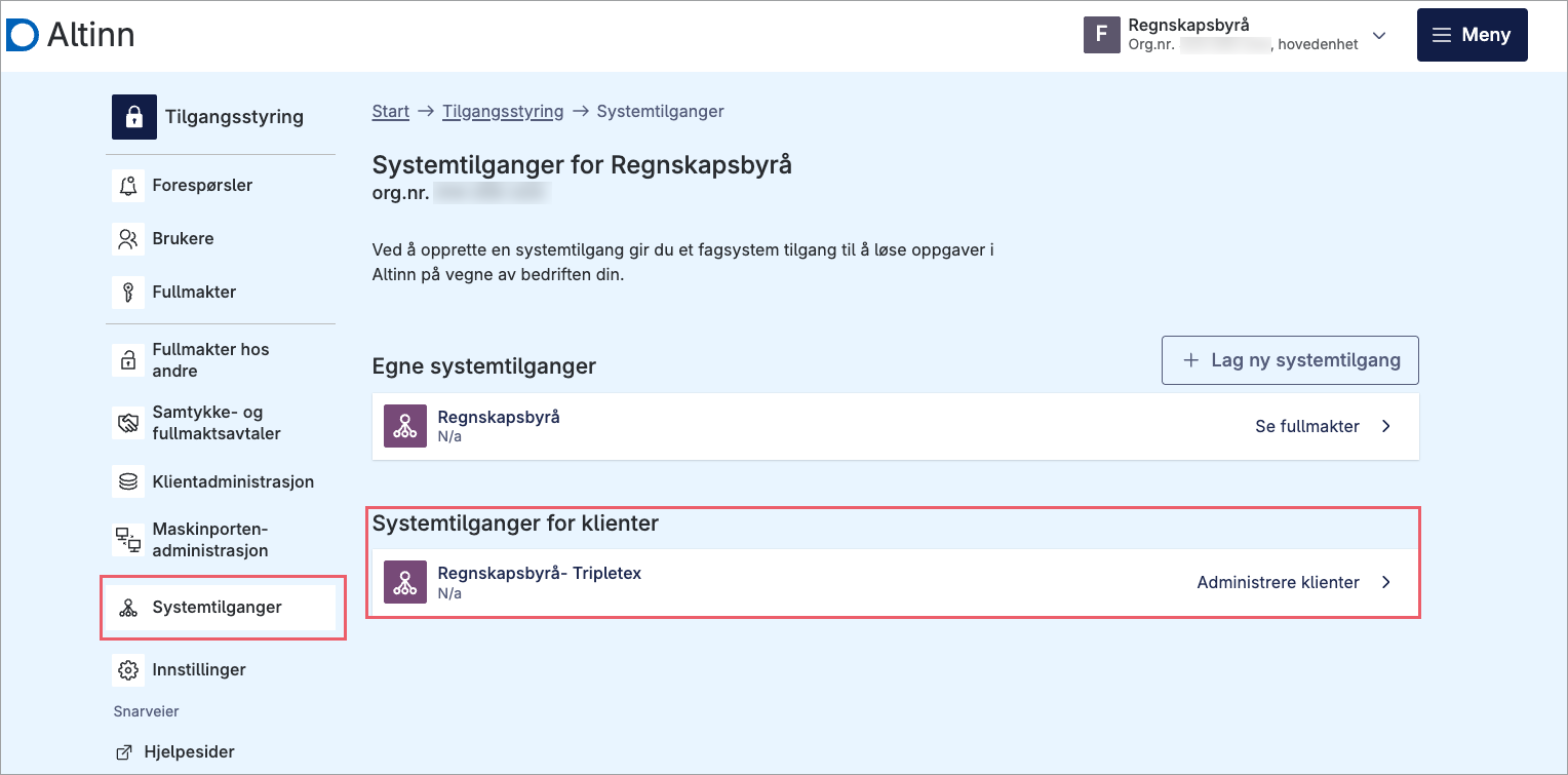 Systemtilganger-siden i Altinn, med «Systemtilganger for klienter» og «Administrere klienter» markert